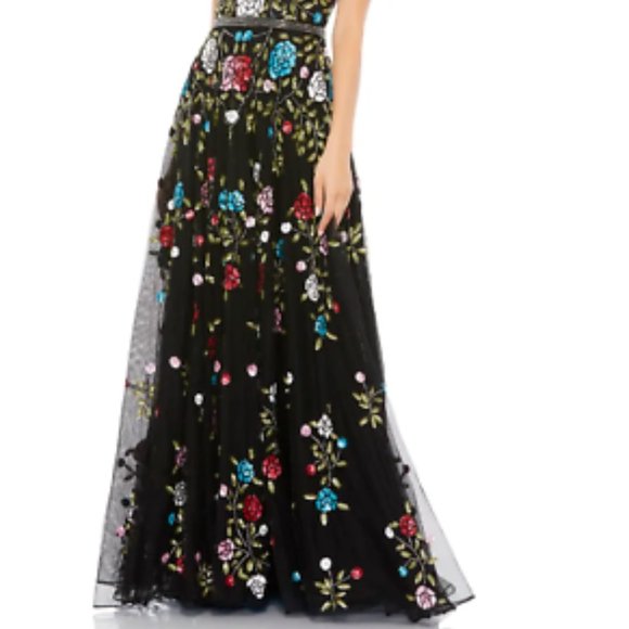 MAC DUGGAL FLORAL EMBELLISHED A-LINE BLACK MULTI COLOR GOWN sz 14 - Picture 6 of 8